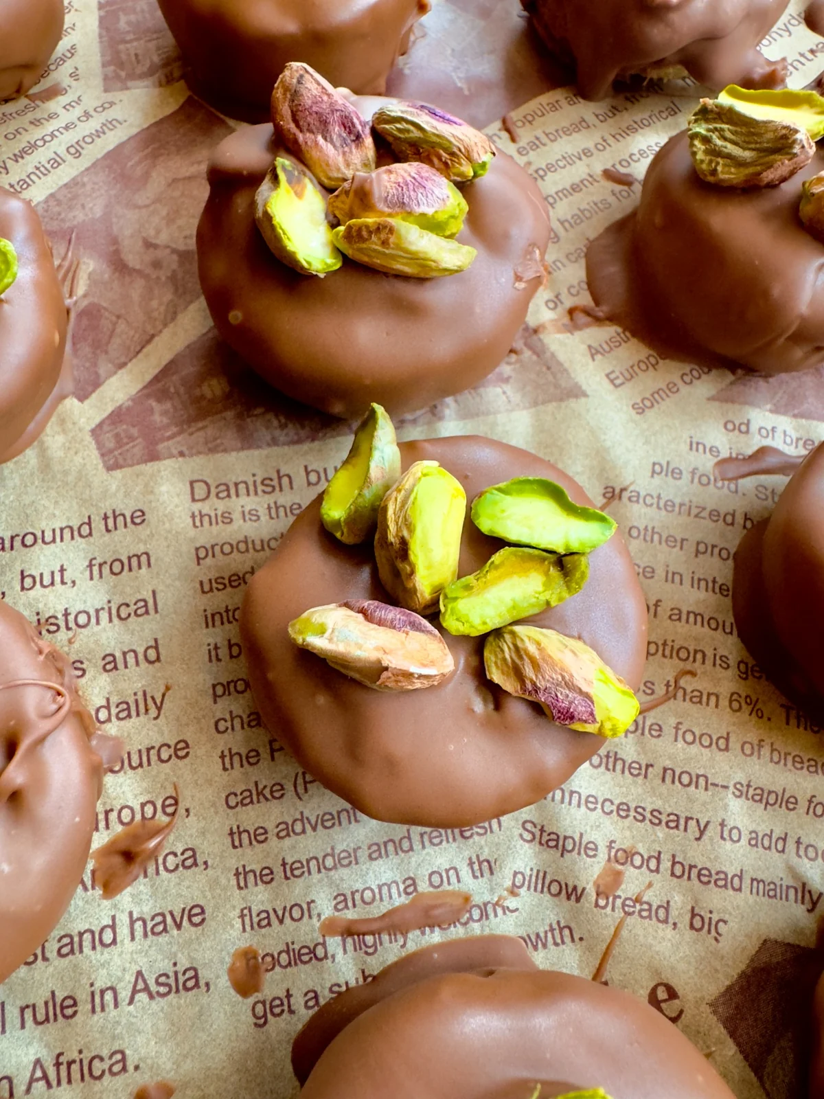 Close-up of pistachio-topped Bonibon chocolates